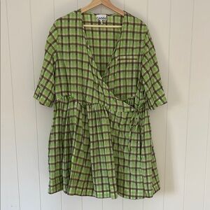 GANNI Green Plaid Wrap Dress